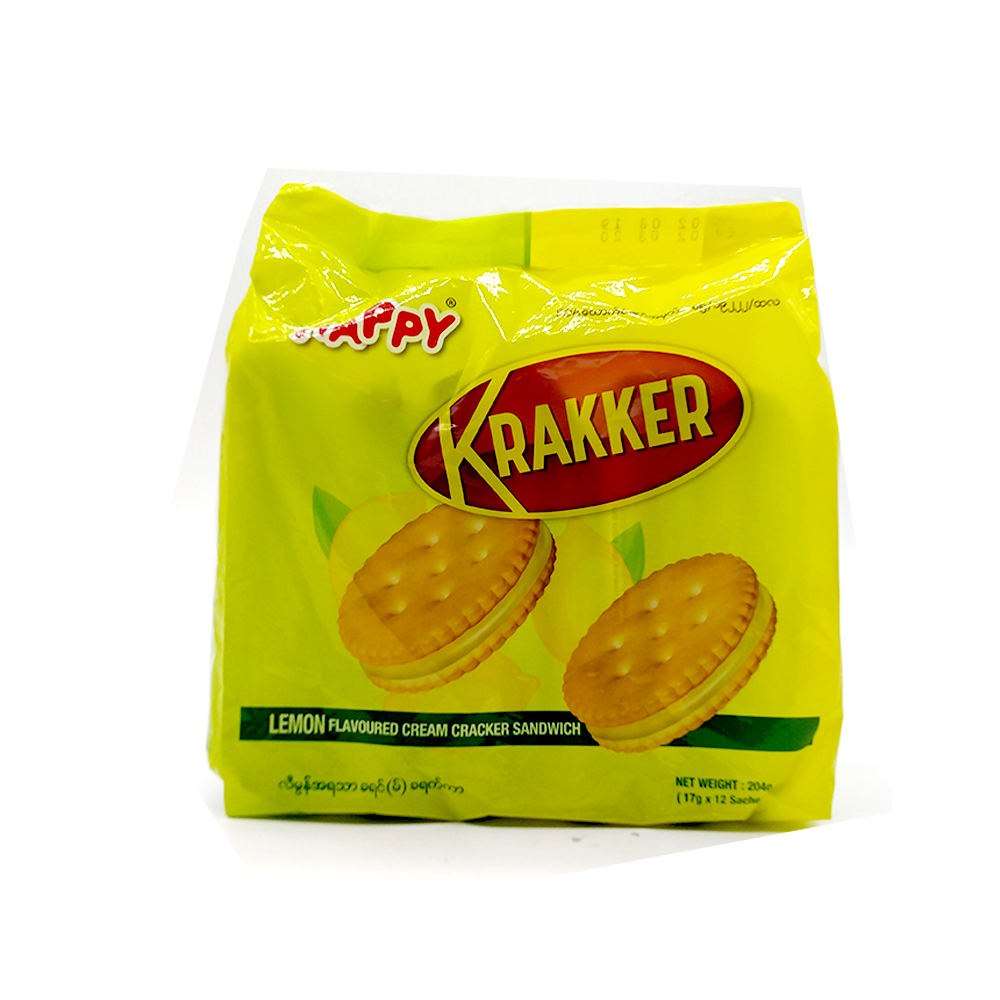 Happy Krakker Lemon Flavoured Cream Crackers Sandwich 12's 204g