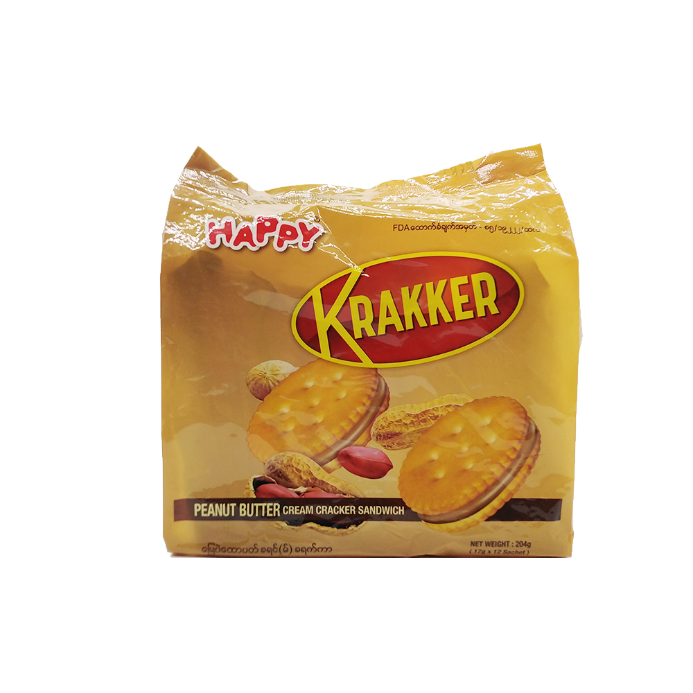 Happy Krakker Peanut Butter Flavoured Cream Crackers Sandwich 12's 204g