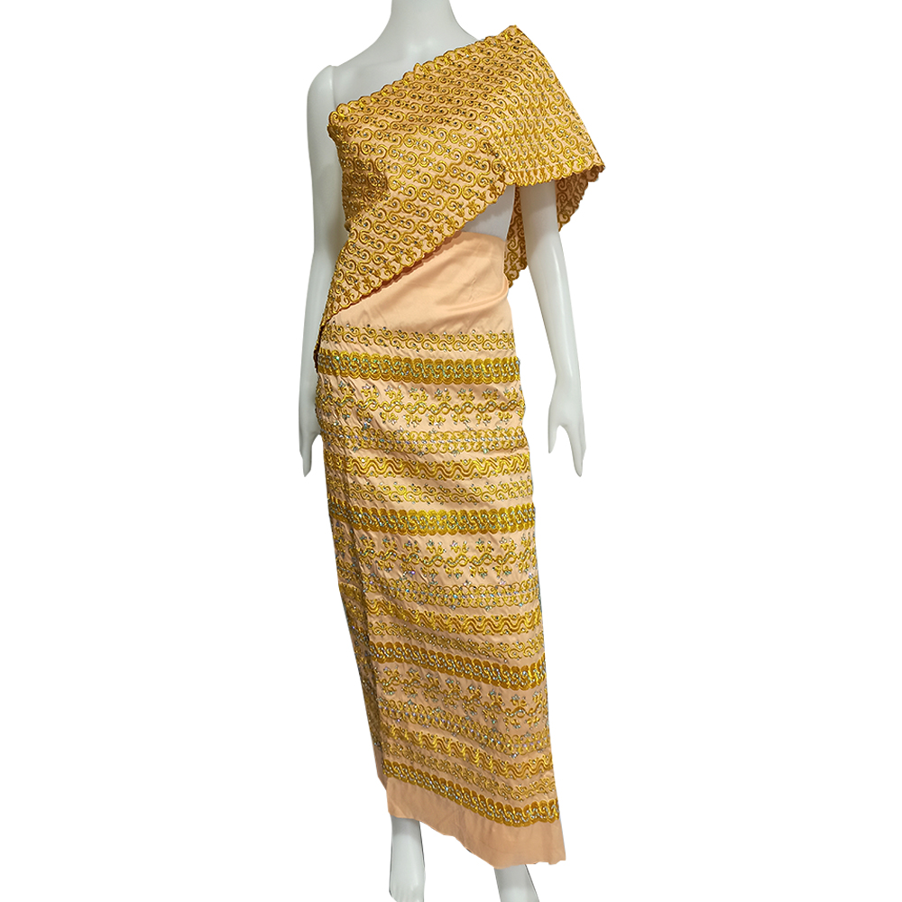 Golden Silk Women Fabric One Set With Shawl (Thai Poe Kyaut Kat Chate Hlaing)