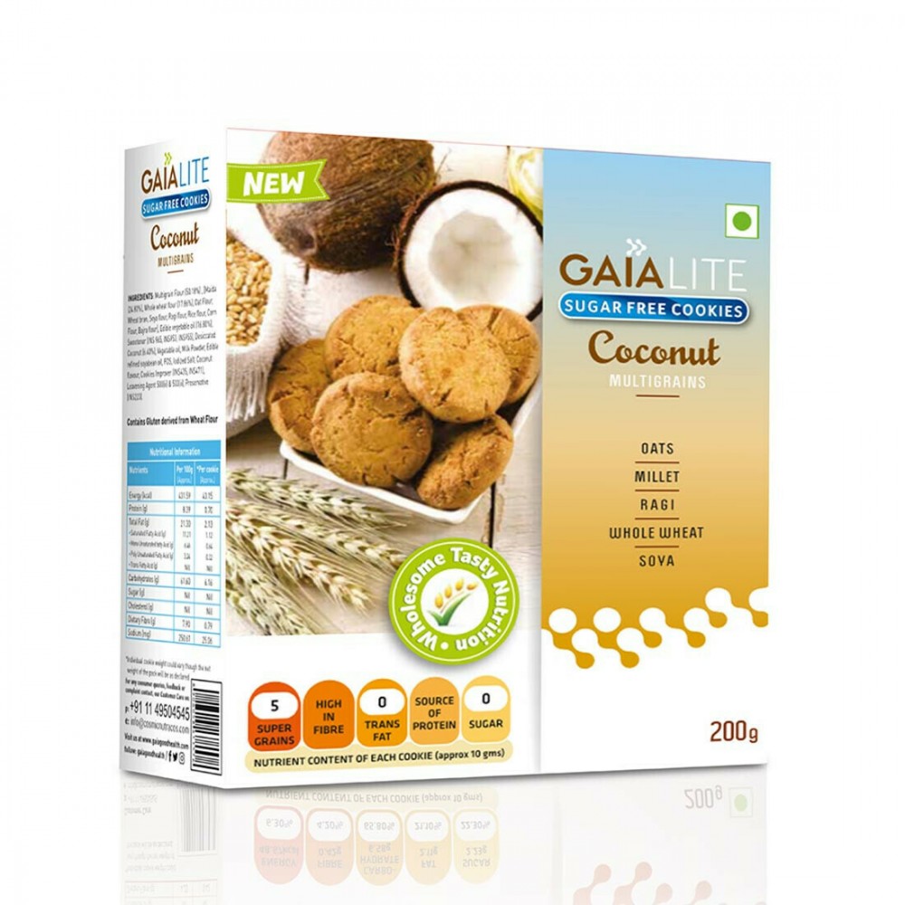 Gaia Lite Sugar Free Cookies Coconut Multigains Oats Millet Ragi Whole Wheat Soya 200g