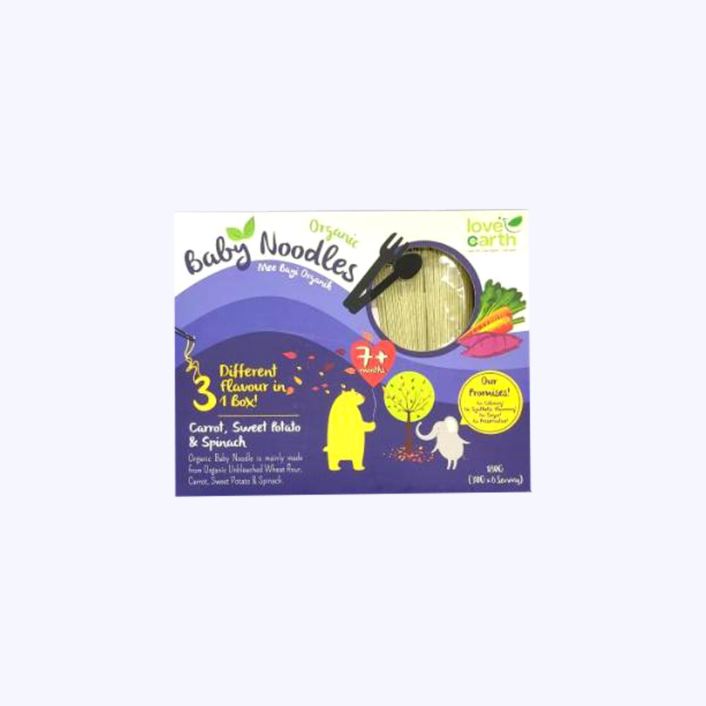 Love Earth Organic Baby Noodles 3Different Flavour In 1Box 180g (Carrot,Sweet Potato & Spinach)